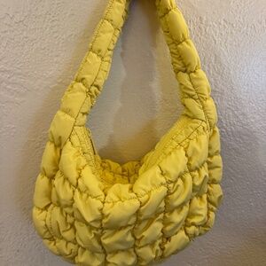 Do Everything in Love Yellow Quilted Puffy Shoulder Bag Zip Purse Crescent Style